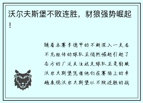 沃尔夫斯堡不败连胜，豺狼强势崛起！
